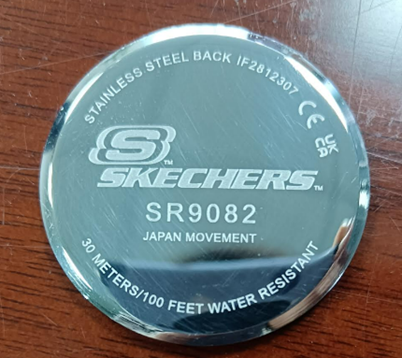 Back of Watch in Recalled Skechers Jewelry Gift Set With Model Number and Code